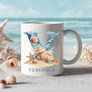 Personalized Coastal Monogram V Initial Beach Coffee Mug