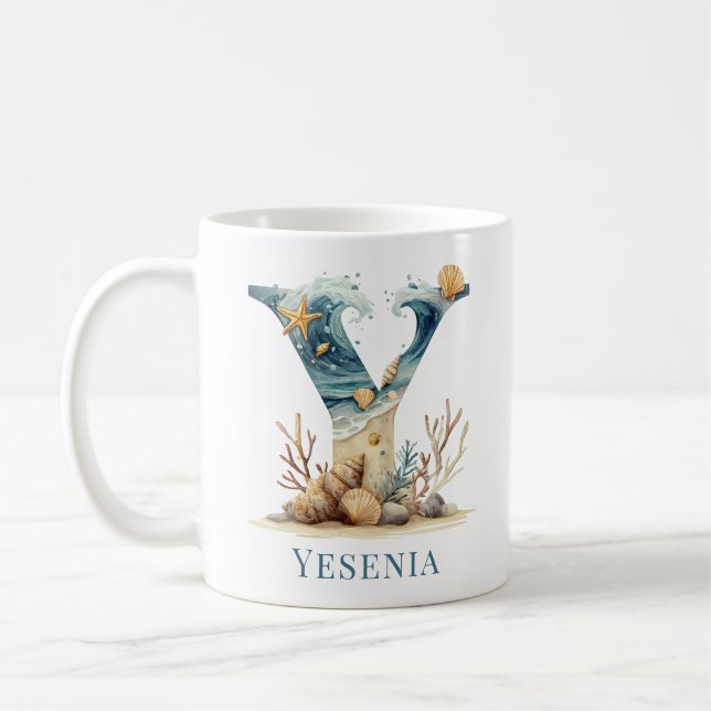 Personalized Coastal Monogram Y Initial Beach Coffee Mug (Left)