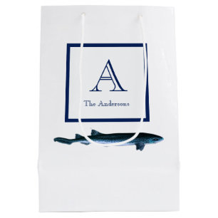 Personalized Coastal Navy Blue White Shark Medium Gift Bag