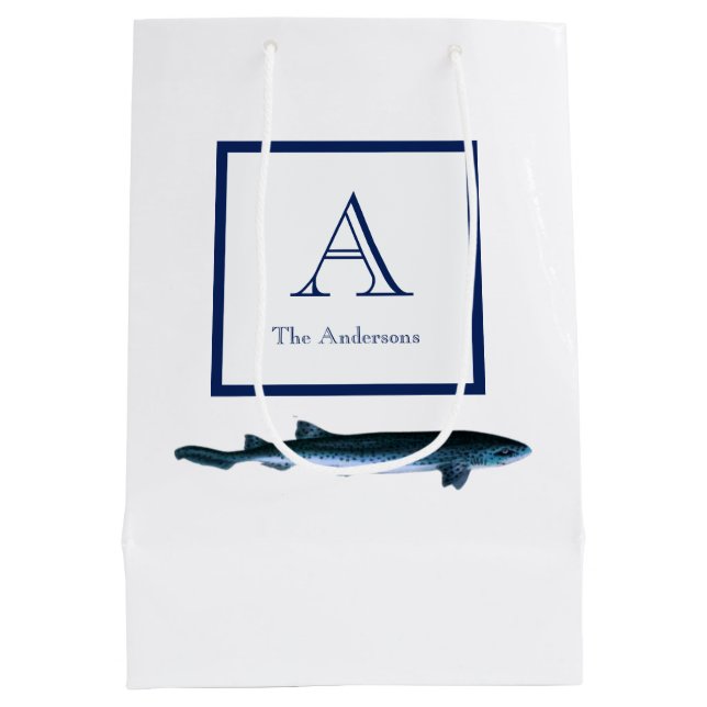 Personalized Coastal Navy Blue White Shark Medium Medium Gift Bag (Back)