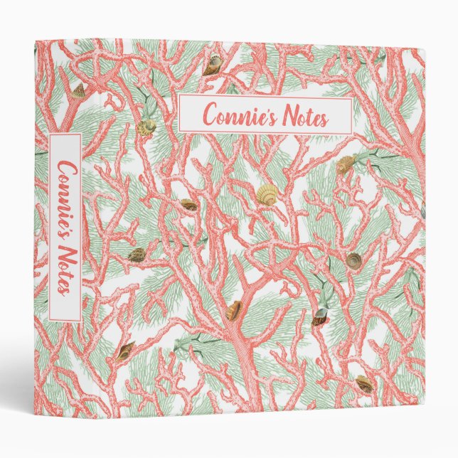 Personalized Coastal Pattern Coral Seashells Binder (Front/Spine)