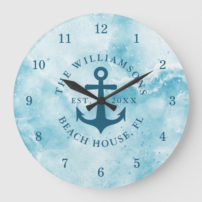 Personalized Coastal Teal Blue Aqua Beach House Large Clock (Front)