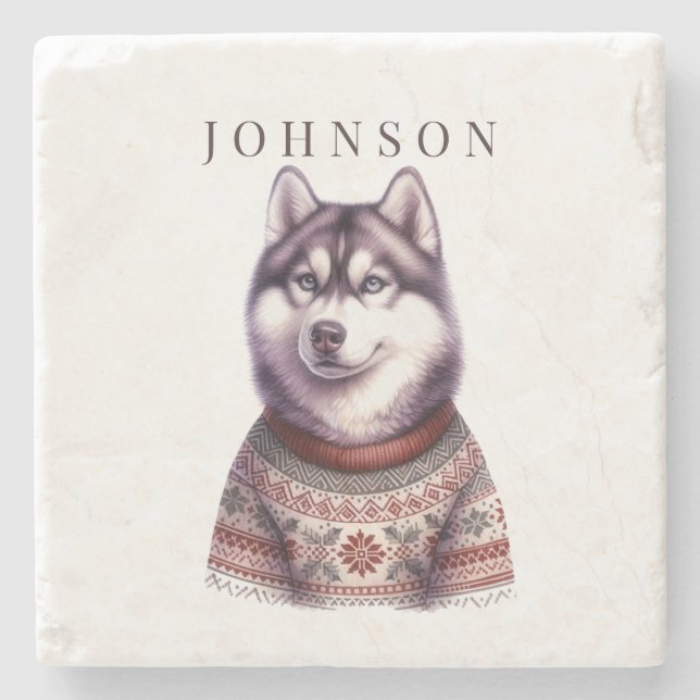 Personalized Coaster, Festive Siberian Husky Stone Coaster (Front)