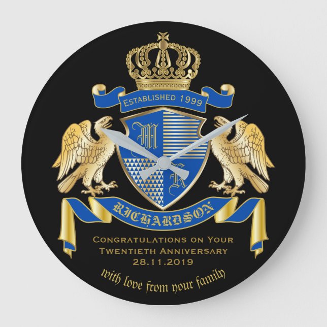 Personalized Coat of Arms Blue Gold Eagle Emblem Large Clock (Front)
