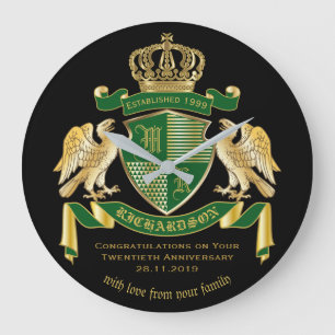 Personalized Coat of Arms Green Gold Eagle Emblem Large Clock