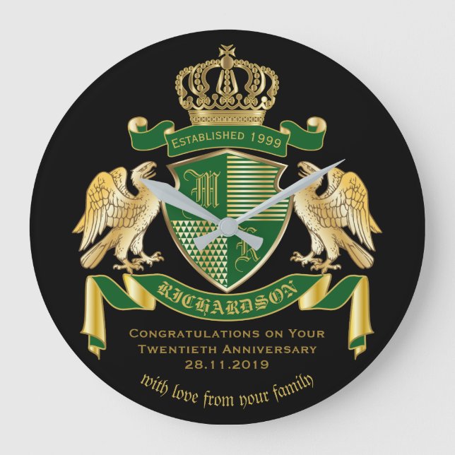 Personalized Coat of Arms Green Gold Eagle Emblem Large Clock (Front)