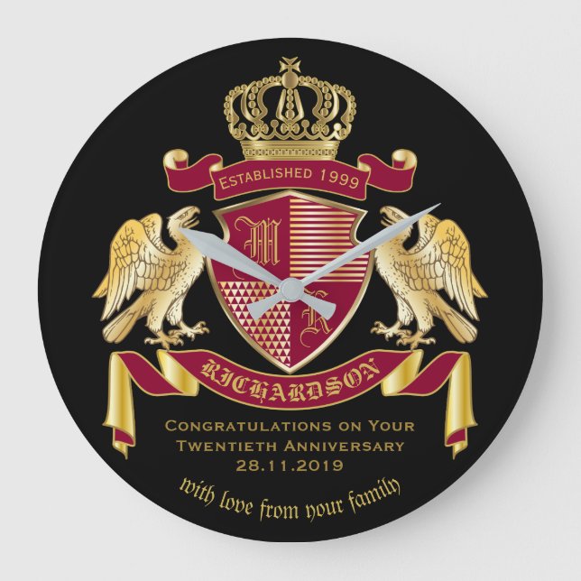 Personalized Coat of Arms Red Gold Eagle Emblem Large Clock (Front)