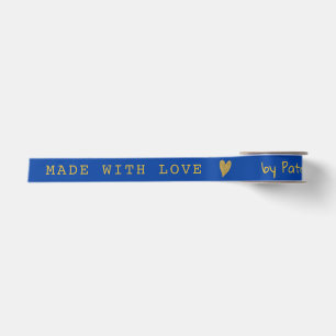 Personalized Cobalt Blue Made With Love Gold Heart Satin Ribbon