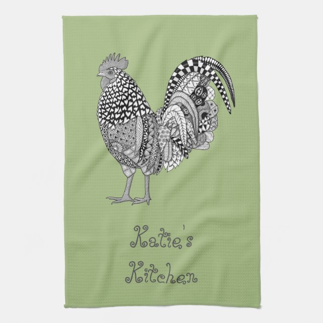 Personalized Cock-a-doodle Rooster Kitchen Towel (Vertical)