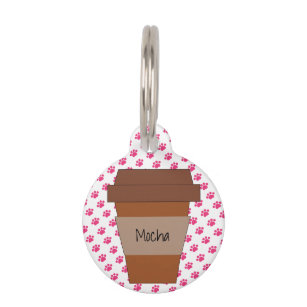 Personalized Coffee Cup on Pink Paw Prints Pet Tag