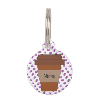 Personalized Coffee Cup on Purple Paw Prints Pet Tag