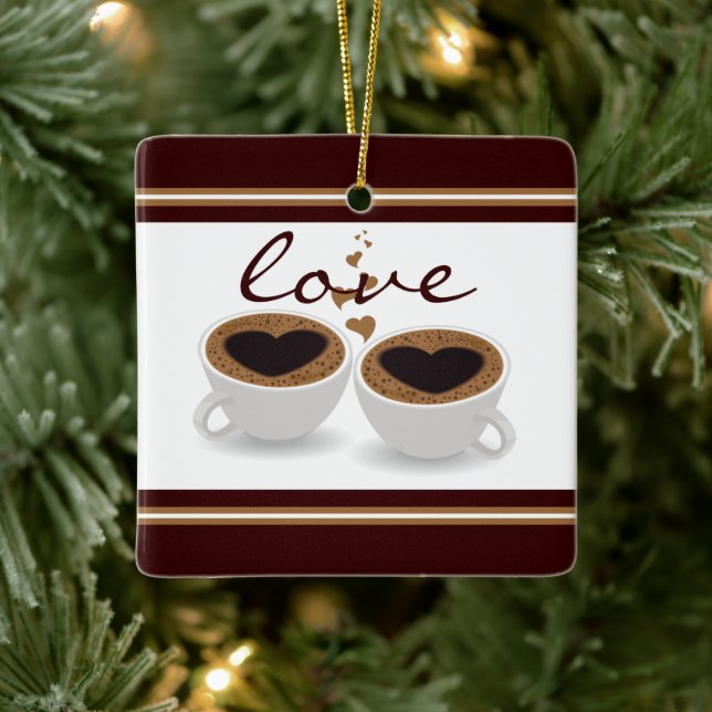 Personalized Coffee Cups Couple in Love Christmas Ceramic Ornament (Tree)
