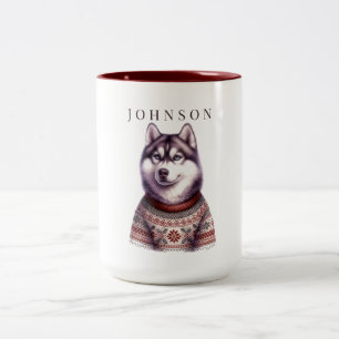 Personalized Coffee Mug, Festive Siberian Husky Two-Tone Coffee Mug