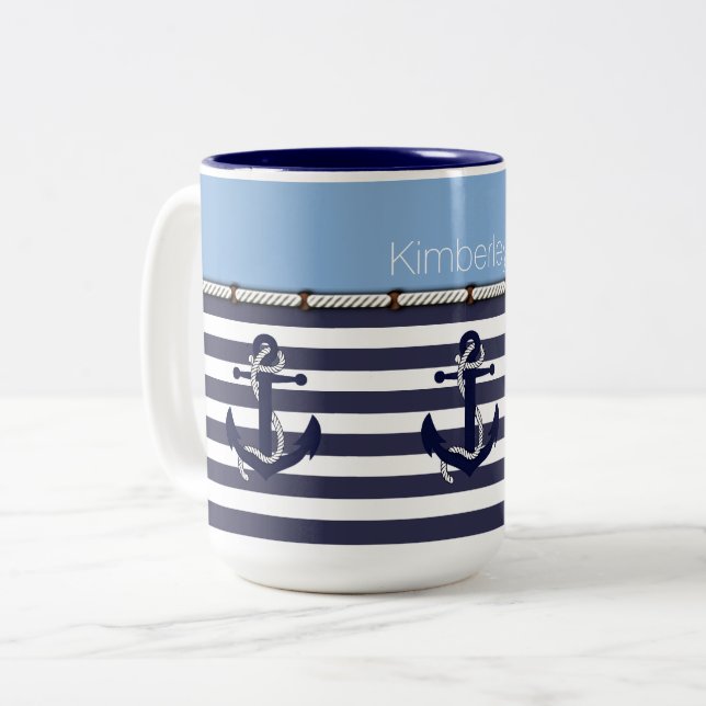 Personalized Coffee Mug With Anchors And Stripes (Front Left)