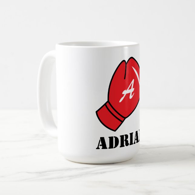 Personalized coffee mug with red boxing glove icon (Front Left)