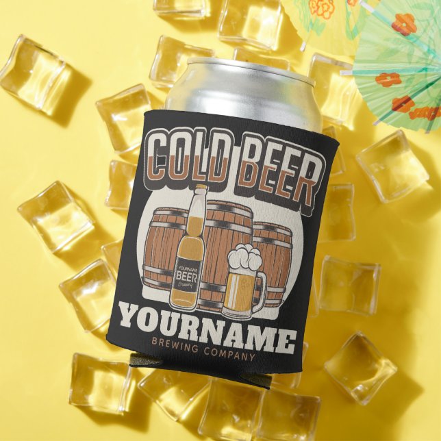 Personalized Cold Beer Oak Barrel Brewery Brewing Can Cooler (In Situ Summer)