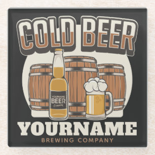Personalized Cold Beer Oak Barrel Brewery Brewing Glass Coaster