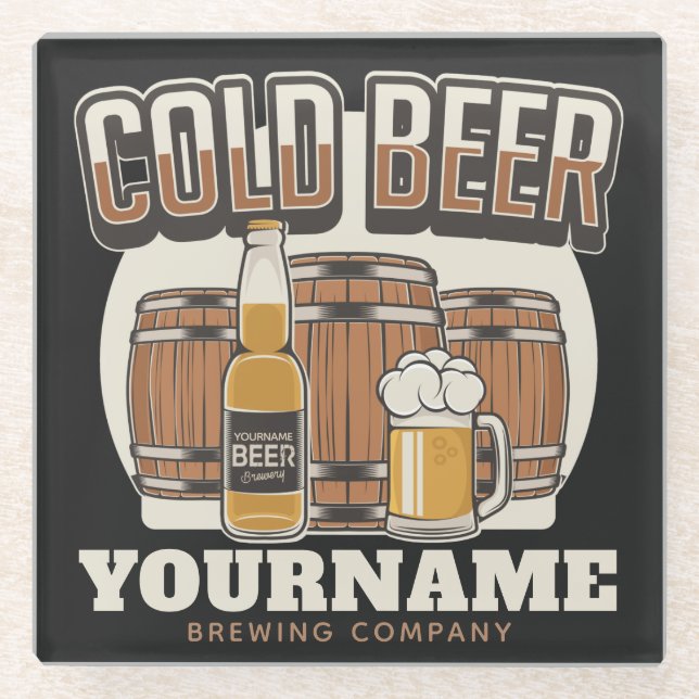 Personalized Cold Beer Oak Barrel Brewery Brewing  Glass Coaster (Front)