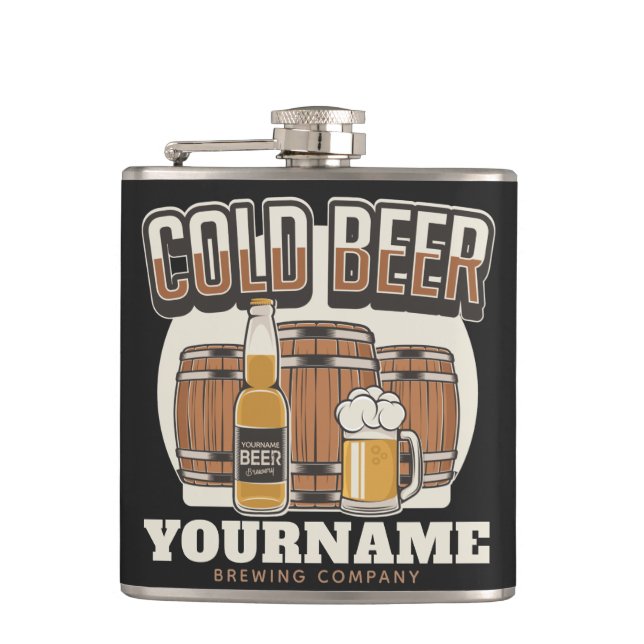 Personalized Cold Beer Oak Barrel Brewery Brewing  Hip Flask (Front)
