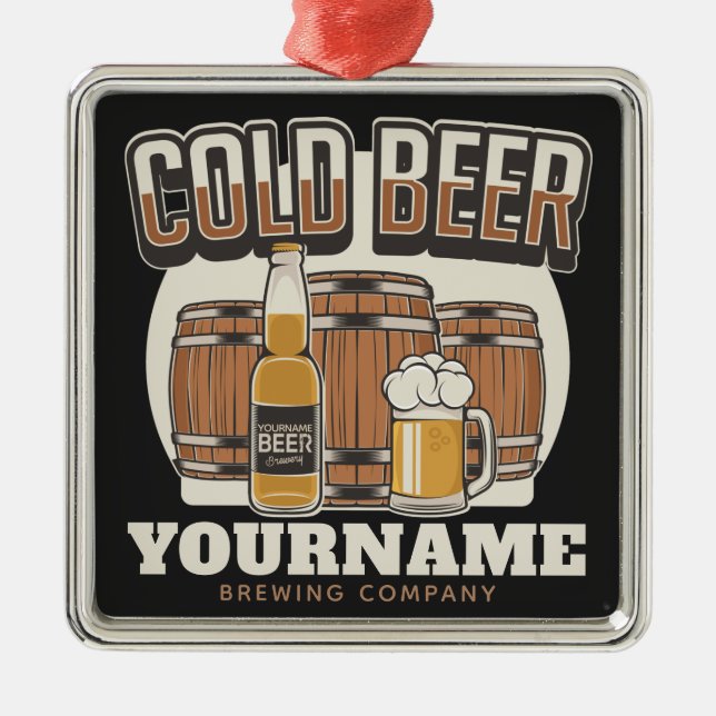 Personalized Cold Beer Oak Barrel Brewery Brewing  Metal Ornament (Front)