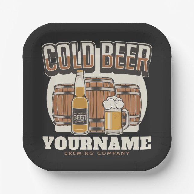 Personalized Cold Beer Oak Barrel Brewery Brewing  Paper Plate (Front)