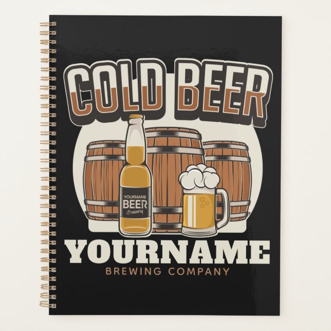 Personalized Cold Beer Oak Barrel Brewery Brewing  Planner (Front)