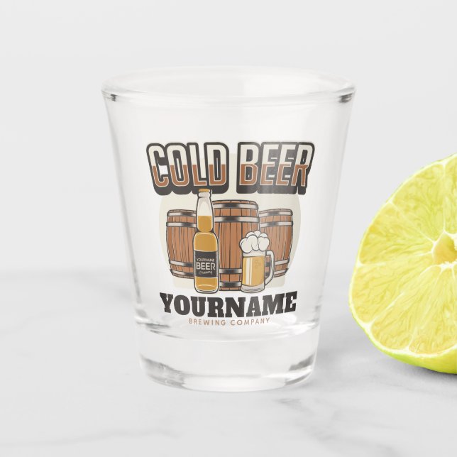 Personalized Cold Beer Oak Barrel Brewery Brewing  Shot Glass (Front)