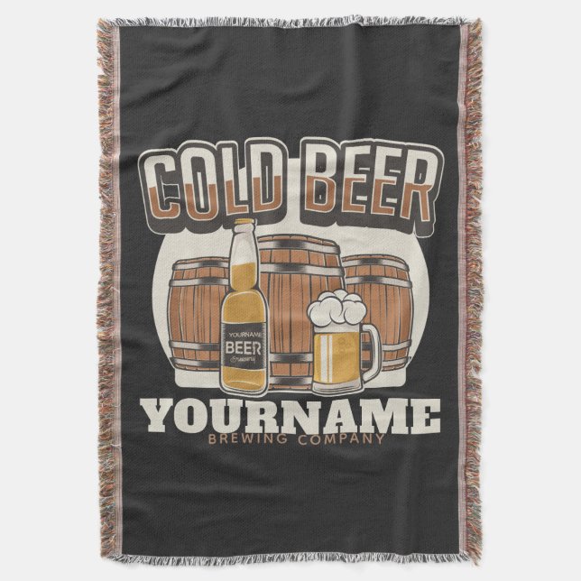 Personalized Cold Beer Oak Barrel Brewery Brewing  Throw Blanket (Front Vertical)