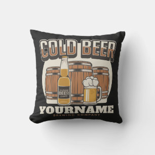 Personalized Cold Beer Oak Barrel Brewery Brewing Throw Pillow