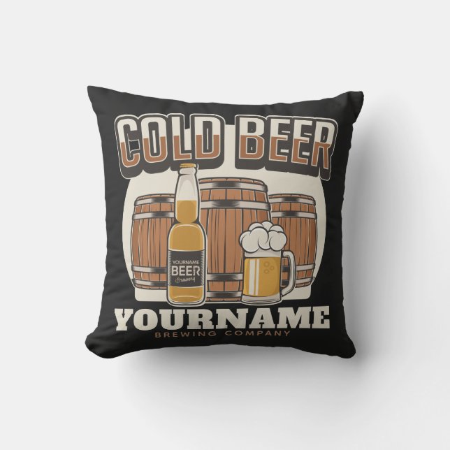 Personalized Cold Beer Oak Barrel Brewery Brewing Throw Pillow (Front)