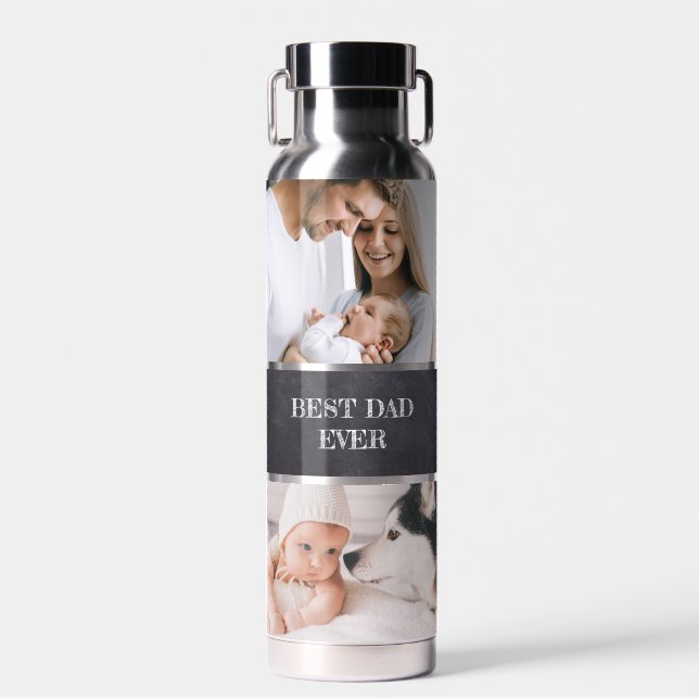 Personalized Collage Photo Best Dad Ever Water Bottle (Front)