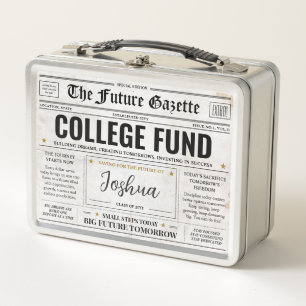 Personalized College Fund Box, Savings Newspaper Metal Lunch Box