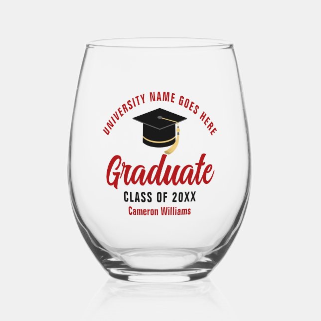 Personalized College Graduation Red Graduate Stemless Wine Glass (Front)