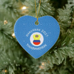 Personalized Colombian Abuela Angel Hanukkah Flag Ceramic Ornament<br><div class="desc">Hanukkah decor heart shaped ceramic ornament has an Abuela angel wearing the yellow, red, and blue flag of Colombia. The Colombian Hanukkah Abuela angel has grey hair and flies inside a circle of white squiggly squares. A background of blue squiggly squares surrounds it all. You can add your own text....</div>
