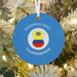 Personalized Colombian Abuela Angel Hanukkah Flag Metal Ornament<br><div class="desc">Hanukkah decor metal ornament has an Abuela angel wearing the yellow, red, and blue flag of Colombia. The Colombian Hanukkah Abuela angel has gray hair and flies inside a circle of white squiggly squares. A background of blue squiggly squares surrounds it all. You can add your own text. You can...</div>