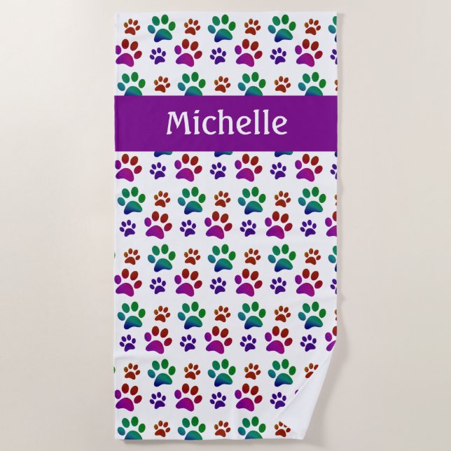 Personalized Colorful | Dog Paw Print Beach Towel (Front)