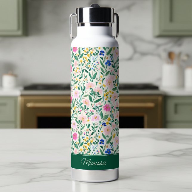 Personalized Colorful Floral Monogram Water Bottle (colorful floral garden wildflower water bottle with forest green custom monogram in elegant script)