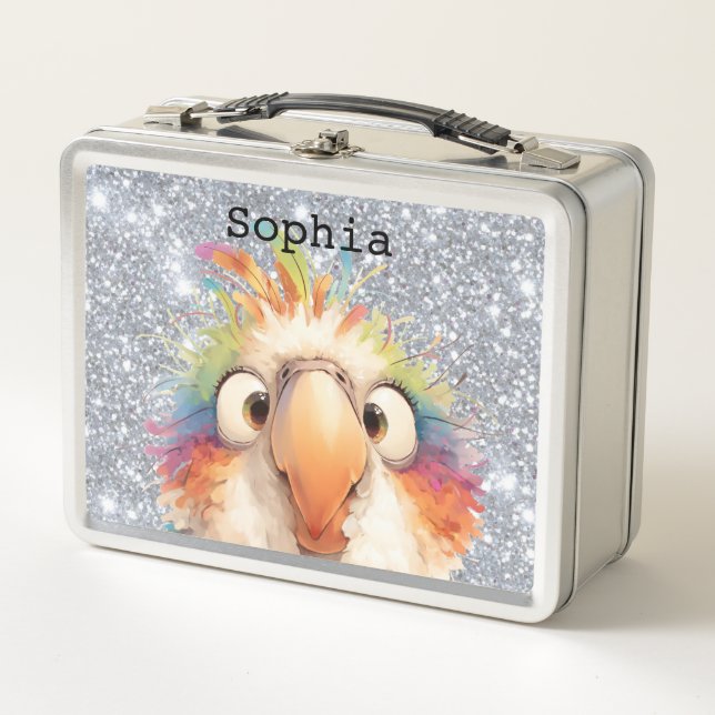 Personalized Colorful Parrot Glitter Lunch Box (Front)