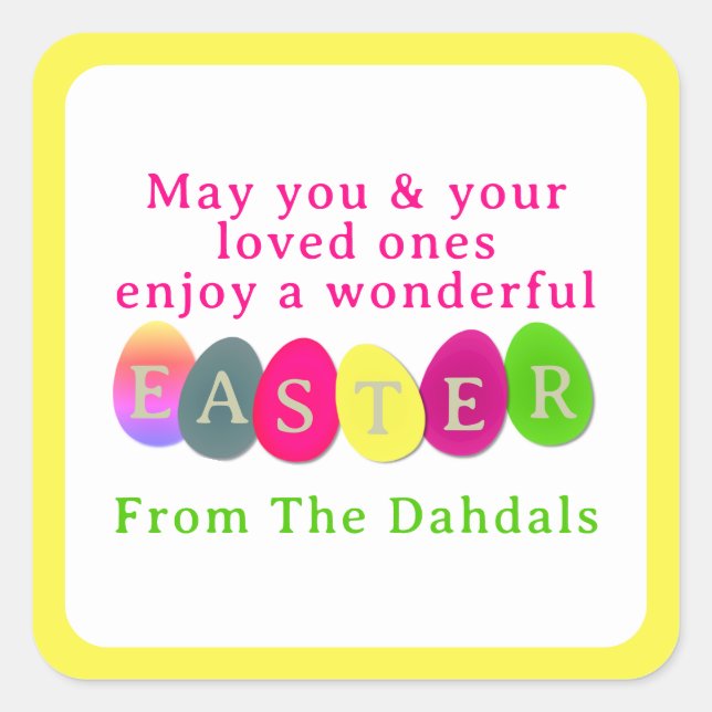 Personalized Coloured Easter Eggs Typography Yello Square Sticker (Front)