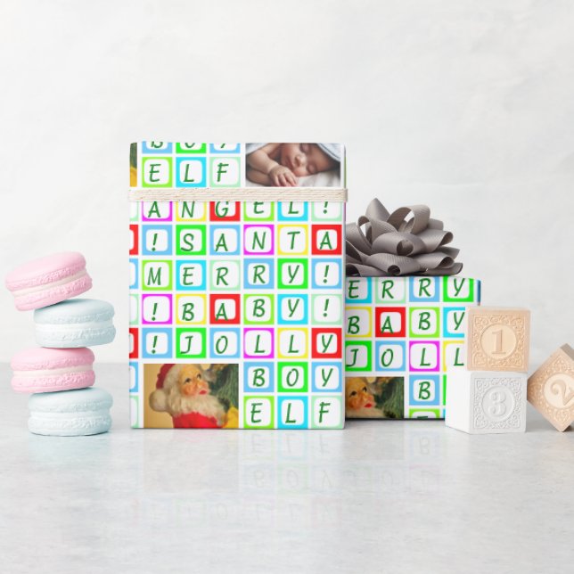 Personalized Coloured Squares and 2 Photos Wrapping Paper (Baby Shower)