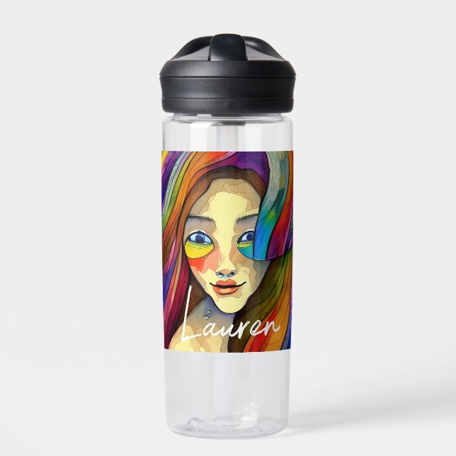 Personalized Colourful Abstract Art Pretty Girl Water Bottle (Front)
