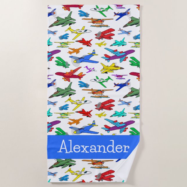 Personalized Colourful Airplanes Pattern  Beach Towel (Front)