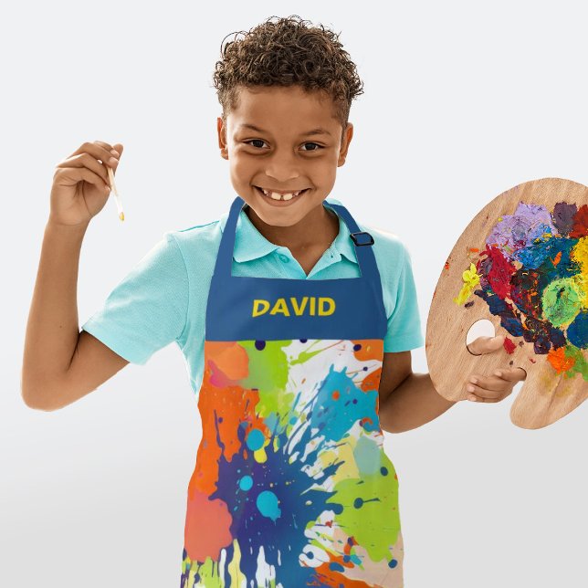 Personalized Colourful Artist Paint Splash  Apron (A fun paint splash apron. Personalize it with your childs name.)
