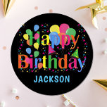 Personalized Colourful Balloons HAPPY BIRTHDAY Paper Plate<br><div class="desc">Colourful happy birthday disposable paper plates. Balloons in different vibrant colours with stars,  confetti and party hats. Black background. Customize by adding your text.</div>