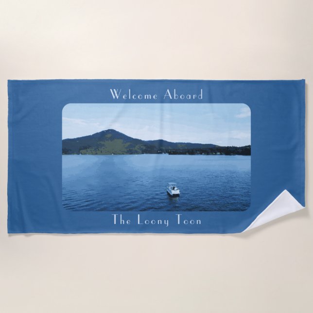 Personalized Colourful Boat Decor Pontoon Lake Beach Towel (Front)