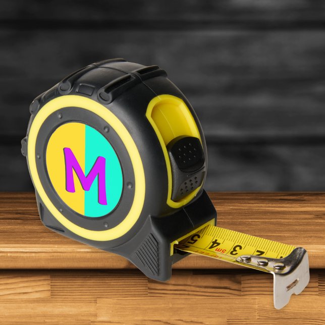 Personalized Colourful Bright Monogram Retro Cool 1 (A monogrammed tape measure with yellow and turquoise color block design and magenta initial)