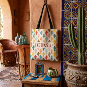 Personalized Colourful Cacti Pattern Tote Bag