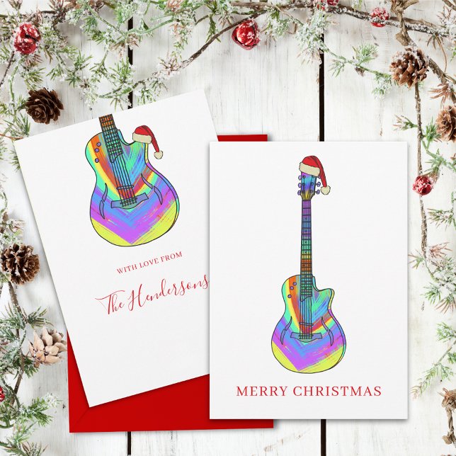 Personalized Colourful Christmas Guitar Holiday Card (Colorful Christmas guitar Santa personalized holiday card)
