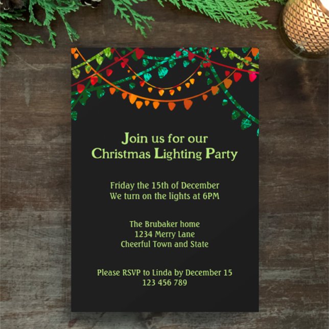 Personalized Colourful Christmas Lighting Party  Invitation (Personalize this template to create a unique colorful Christmas tree lighting party invitation. )