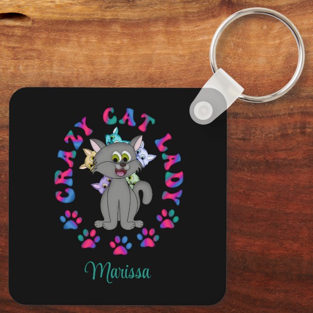 Personalized Colourful Crazy Cat Lady Keychain (Back)